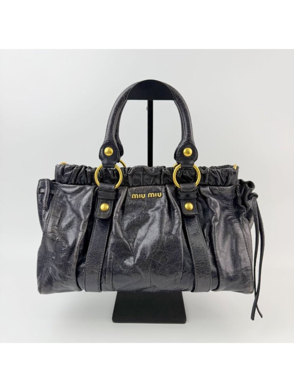 Miu Miu Vitter Luxe Gathered Tote Handbag Leather Black Gold Vintage